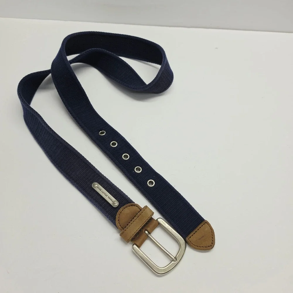 Fossil Utility Gear Mens Navy Blue Canvas Web Belt Leather Trim Size 38
